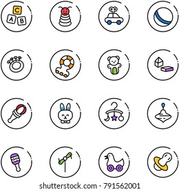 line vector icon set - abc cube vector, pyramid toy, car, ball, beanbag, teethers, bear, constructor blocks, rabbit, baby carousel, wirligig, windmill, duck, soother