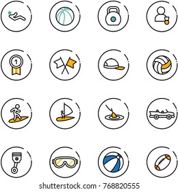 line vector icon set - abdominal muscles vector, basketball ball, weight, winner, gold medal, flags cross, cap, volleyball, surfing, windsurfing, fishing, cabrio, piston, protective glasses, beach