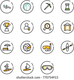 line vector icon set - abdominal muscles vector, basketball ball, job, chess tower, win cup, winner, gold medal, pennant, inflatable pool, volleyball, diving, kayak, surfing, windsurfing