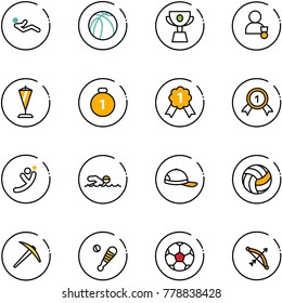line vector icon set - abdominal muscles vector, basketball ball, cup, winner, pennant, gold medal, flying man, swimming, cap, volleyball, axe, baseball bat, soccer, bow