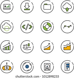 line vector icon set - account statistics vector, download, folder, upload cloud, refresh, tag code, circle chart, point arrow, growth, rise, dollar, cd, hdd, server