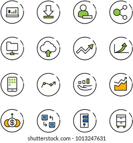 line vector icon set - account statistics vector, download, user password, share, network folder, upload cloud, growth arrow, mobile, chart point, dollar, data exchange, server, tool cabinet