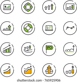 line vector icon set - account statistics vector, friends, arrows up, growth arrow, circle chart, monitor, point, ipo, rise, dollar