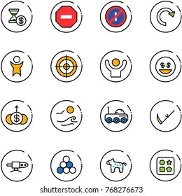 line vector icon set - account history vector, no way road sign, parkin odd, redo, success, target, money smile, dollar growth, waves, moon rover, scythe, pipe welding, billiards balls, toy horse