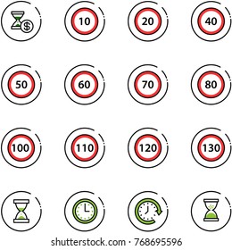 line vector icon set - account history vector, speed limit 10 road sign, 20, 40, 50, 60, 70, 80, 100, 110, 120, 130, sand clock, time, around
