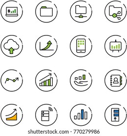 line vector icon set - account statistics vector, folder, network, shared, upload cloud, growth arrow, mobile, presentation chart, point, contact book, rise, server wireless