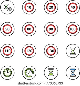 line vector icon set - account history vector, speed limit 10 road sign, 20, 40, 50, 80, 90, 100, 110, 120, 130, sand clock, time, around