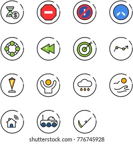 line vector icon set - account history vector, no way road sign, parkin odd, detour, friends, fast backward, target, chart point arrow, pennant, success, rain cloud, waves, wireless home, moon rover