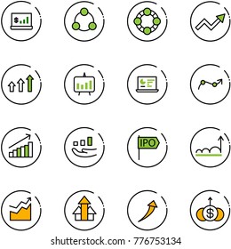 line vector icon set - account statistics vector, social, friends, growth arrow, arrows up, presentation chart, monitor, point, ipo, dollar