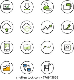 line vector icon set - account statistics vector, download, user password, folder, upload cloud, refresh, growth arrow, mobile, presentation chart, point, contact book, data exchange