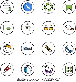 line vector icon set - account vector, detour road sign, lifebuoy, flag, envelope, green tea, sunglasses, cap, ball, projector, work knife, marker, basketball, toy duck, cube hole
