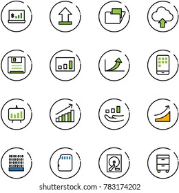 line vector icon set - account statistics vector, uplooad, folder, upload cloud, save, growth arrow, mobile, presentation chart, rise, binary code, micro flash card, hdd, tool cabinet