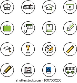 line vector icon set - airport bus vector, graduate hat, presentation board, case, book, highlight marker, pennant, volleyball, ruler, pencil, abacus, abc, toy