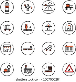 line vector icon set - airport tower vector, traffic controller, runway, baggage, travolator, terrorism, officer window, duty free, truck, trap, schedule, scales, building, road sign