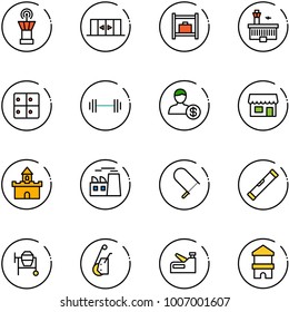 line vector icon set - airport tower vector, automatic doors, baggage room, building, barbell, account, store, sand fort, plant, fretsaw, level, cocncrete mixer, winch, stapler, toy block house