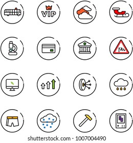 line vector icon set - airport bus vector, vip, clouds, sleigh, lab, credit card, bank, side wind road sign, monitor cursor, arrows up, solution, rain cloud, swimsuit, snow, hammer, game console