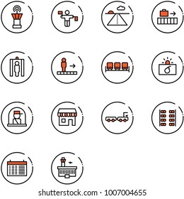 line vector icon set - airport tower vector, traffic controller, runway, baggage, metal detector gate, travolator, waiting area, terrorism, officer window, duty free, truck, plane seats, schedule