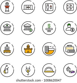line vector icon set - airport tower vector, automatic doors, elevator, baggage room, bank, account, building, sand fort, hotel, sea, winch, construction helmet, constructor blocks