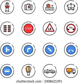 line vector icon set - airport tower vector, suitcase, baggage, bus, plane seats, stop road sign, children, limited distance, only forward right, detour, air balloon, cabrio, truck toy