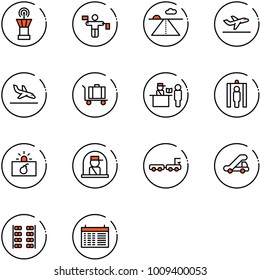 line vector icon set - airport tower vector, traffic controller, runway, departure, arrival, baggage, passport control, metal detector gate, terrorism, officer window, truck, trap, plane seats