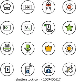 line vector icon set - airport bus vector, automatic doors, train, sun, safe, account history, star, printer, office chair, crown, power bank, music player, camera, wrench screwdriver