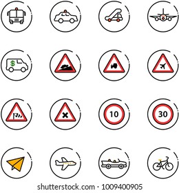 line vector icon set - airport bus vector, safety car, trap truck, plane, encashment, climb road sign, tractor way, side wind, railway intersection, speed limit 10, 30, paper fly, cabrio, bike