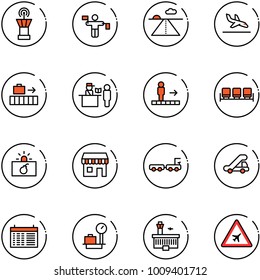 line vector icon set - airport tower vector, traffic controller, runway, arrival, baggage, passport control, travolator, waiting area, terrorism, duty free, truck, trap, schedule, scales, building