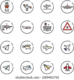 line vector icon set - airport tower vector, traffic controller, departure, plane, boarding passengers, small, building, road sign, paper fly, helicopter, toy