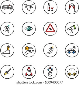line vector icon set - airport bus vector, christmas deer, wine, glasses, run, eye, multi lane traffic road sign, telescope, success, key hand, flying man, car wireless, clinch, rocket, beanbag