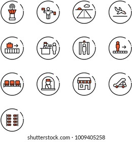 line vector icon set - airport tower vector, traffic controller, runway, arrival, baggage, passport control, metal detector gate, travolator, waiting area, officer window, duty free, trap truck
