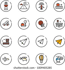 line vector icon set - airport tower vector, runway, plane radar, baggage, trap truck, scales, globe, building, paper, fly, helicopter, air balloon, toy