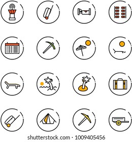 line vector icon set - airport tower vector, suitcase, hotel, plane seats, schedule, job, beach, lounger, palm, tent, axe, trailer