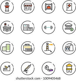 line vector icon set - airport tower vector, duty free, baggage room, first aid, building, hospital, barbell, account, sea hotel, lighthouse, plant, stapler, gun sealant, constructor blocks