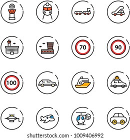 line vector icon set - airport tower vector, train, baggage truck, trap, building, speed limit 70 road sign, 90, 100, limousine, cruiser, car, jack, plane toy, helicopter