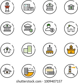 line vector icon set - airport tower vector, hospital building, bank, account, home, sand fort, hotel, sea, lighthouse