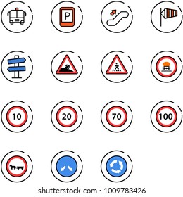 line vector icon set - airport bus vector, parking sign, escalator up, side wind, road signpost, steep roadside, pedestrian, no dangerous cargo, speed limit 10, 20, 70, 100, cart horse, detour