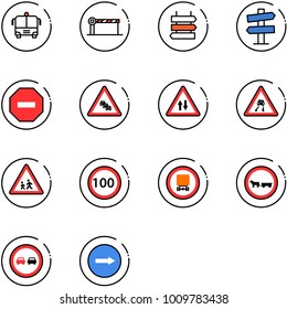 line vector icon set - airport bus vector, barrier, sign post, road signpost, no way, multi lane traffic, oncoming, slippery, children, speed limit 100, dangerous cargo, cart horse, overtake