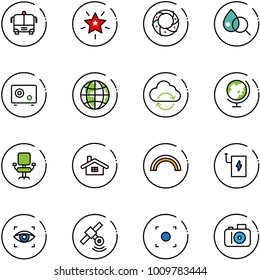line vector icon set - airport bus vector, christmas star, wreath, blood test, safe, globe, refresh cloud, office chair, home, rainbow, power bank, eye scanner, satellite, record button, camera