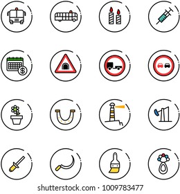 line vector icon set - airport bus vector, candle, syringe, calendar, tunnel road sign, no trailer, overtake, flower pot, luck, lighthouse, oil derrick, clinch, sickle, brush, beanbag