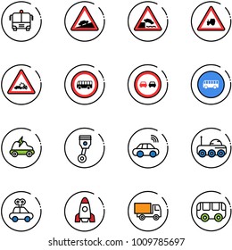 line vector icon set - airport bus vector, climb road sign, embankment, tractor way, car crash, no, overtake, electric, piston, wireless, moon rover, toy, rocket, truck