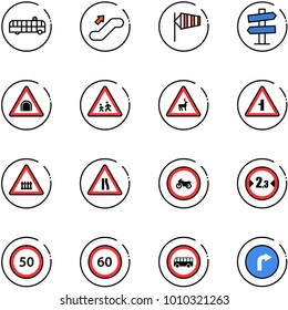 line vector icon set - airport bus vector, escalator up, side wind, road signpost sign, tunnel, children, wild animals, intersection, railway, narrows, no moto, limited width, speed limit 50, 60