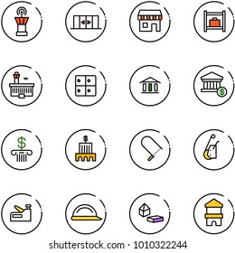 line vector icon set - airport tower vector, automatic doors, duty free, baggage room, building, bank, account, fretsaw, winch, stapler, construction helmet, constructor blocks, toy block house