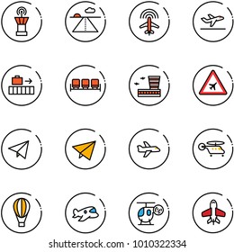 line vector icon set - airport tower vector, runway, plane radar, departure, baggage, waiting area, building, road sign, paper fly, helicopter, air balloon, toy