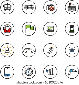 line vector icon set - airport bus vector, camera, building, christmas wreath, flag, statistics monitor, chess tower, star man, limousine, flying, eye scanner, mobile phone, sun power, oil derrick