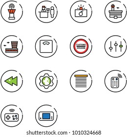 line vector icon set - airport tower vector, passport control, terrorism, building, floor scales, customs road sign, settings, fast backward, gear globe, jalousie, remote, joystick wireless