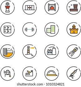 line vector icon set - airport tower vector, automatic doors, baggage room, building, barbell, sand fort, hotel, lighthouse, plant, bolt cutter, cocncrete mixer, stapler, construction helmet