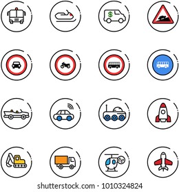 line vector icon set - airport bus vector, snowmobile, encashment car, climb road sign, no, moto, cabrio, wireless, moon rover, rocket, excavator toy, truck, helicopter, plane