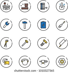 line vector icon set - airport building vector, sun panel, casting of steel, wrench, hammer, battery, chisel, plumber, nail, bolt, metal hacksaw, machine tool, protect glass, pipe welding, gear
