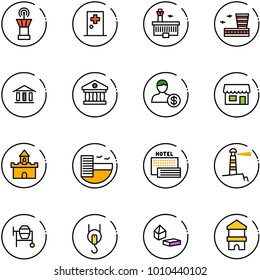 line vector icon set - airport tower vector, first aid room, building, bank, account, store, sand fort, hotel, sea, lighthouse, cocncrete mixer, winch, constructor blocks, toy block house