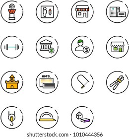 line vector icon set - airport tower vector, elevator, duty free, hospital building, barbell, account, store, sand fort, sea hotel, fretsaw, bolt cutter, winch, construction helmet